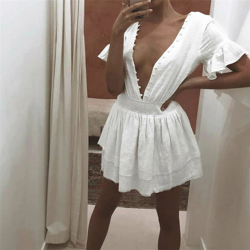 

New Women Summer Retro White Dress Sexy Deep V Neck Ruffle Mini Dresses Women Chic Puff Sleeve Dress Party Vestidos Plus Size