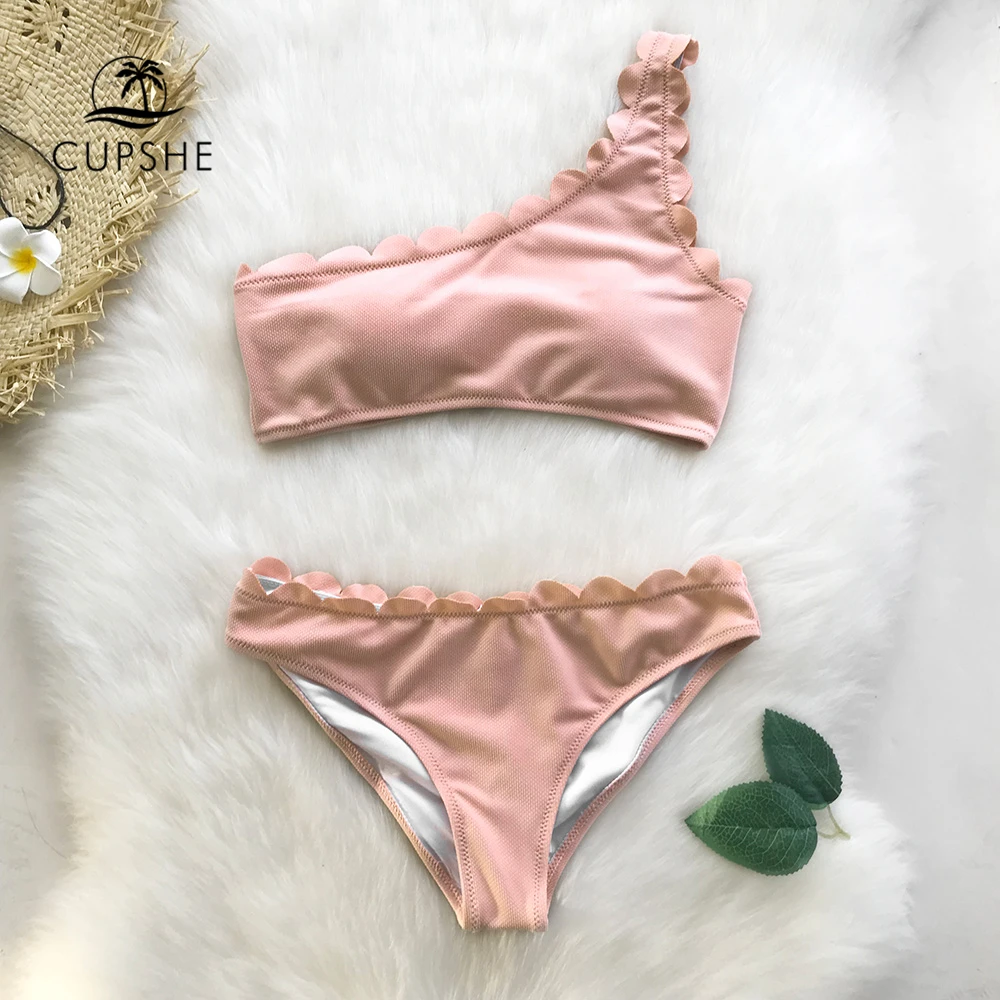 CUPSHE Pink And Navy Miss The Past One Shoulder Bikini Set Women Solid Sexy Two Pieces Swimwear 2019 Girl Beach Swimsuits CUPSHE Pink And Navy Miss The Past One Shoulder Bikini Set Women Solid Sexy Two Pieces Swimwear 2019 Girl Beach Swimsuits