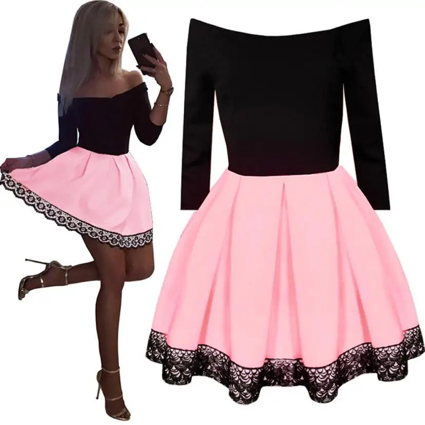 

KANCOOLD Dress Women Sexy Lace Cold Off Shoulder Ball Gown Long Sleeve Dress Party Short Mini Dress women 2018AUG6