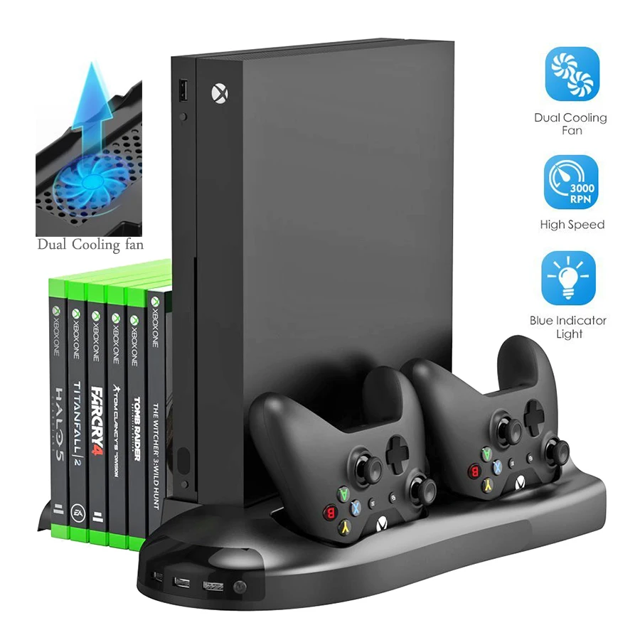 5 в 1 вертикальная подставка для Xbox One X Вентилятор охлаждения с контроллером зарядное устройство Charging Dock Station игровые диски хранения+ 3 порты usb