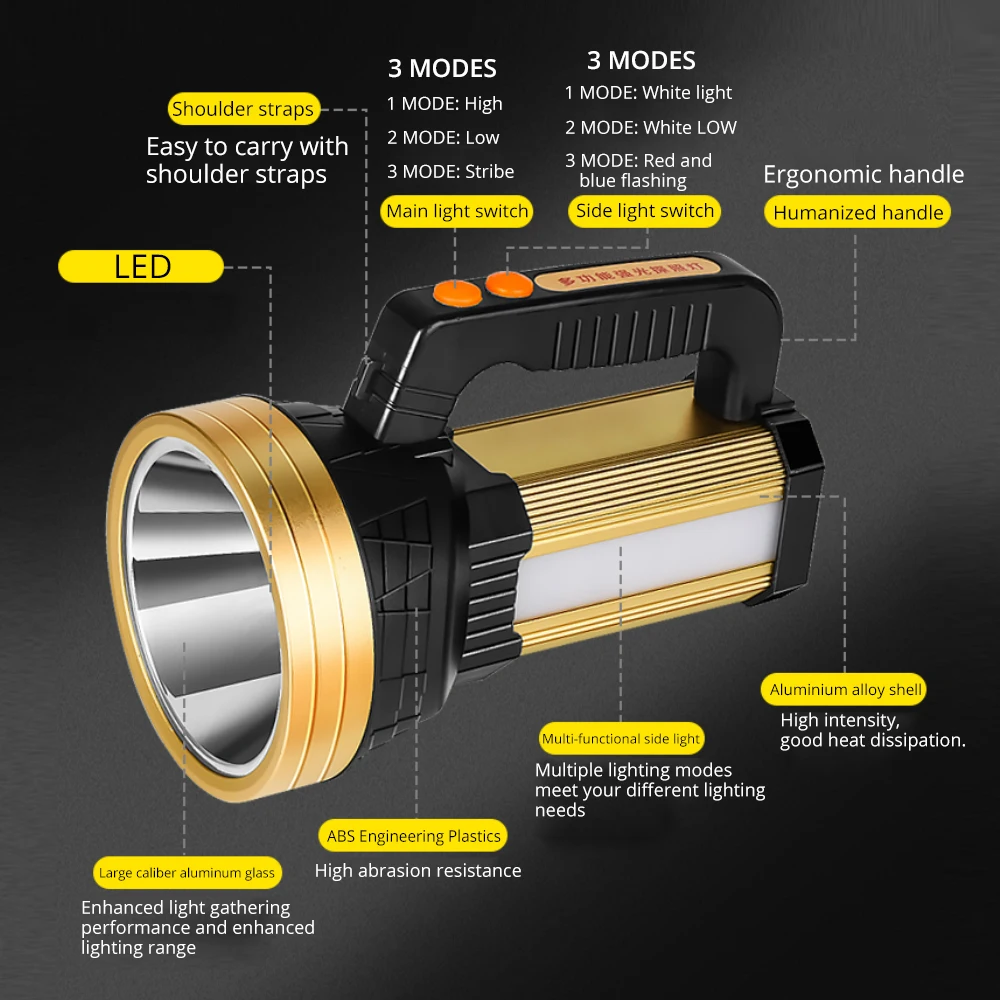  160W Ultra Powerful LED Searchlight USB Charging Flashlight Rechargeable Built-in 18650 Battery Tac