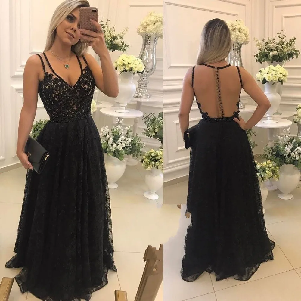 Vestidos largos Simple Elegant Black Evening Dress 2019Long Sheer Back Cheap Lace Prom Party Dresses made