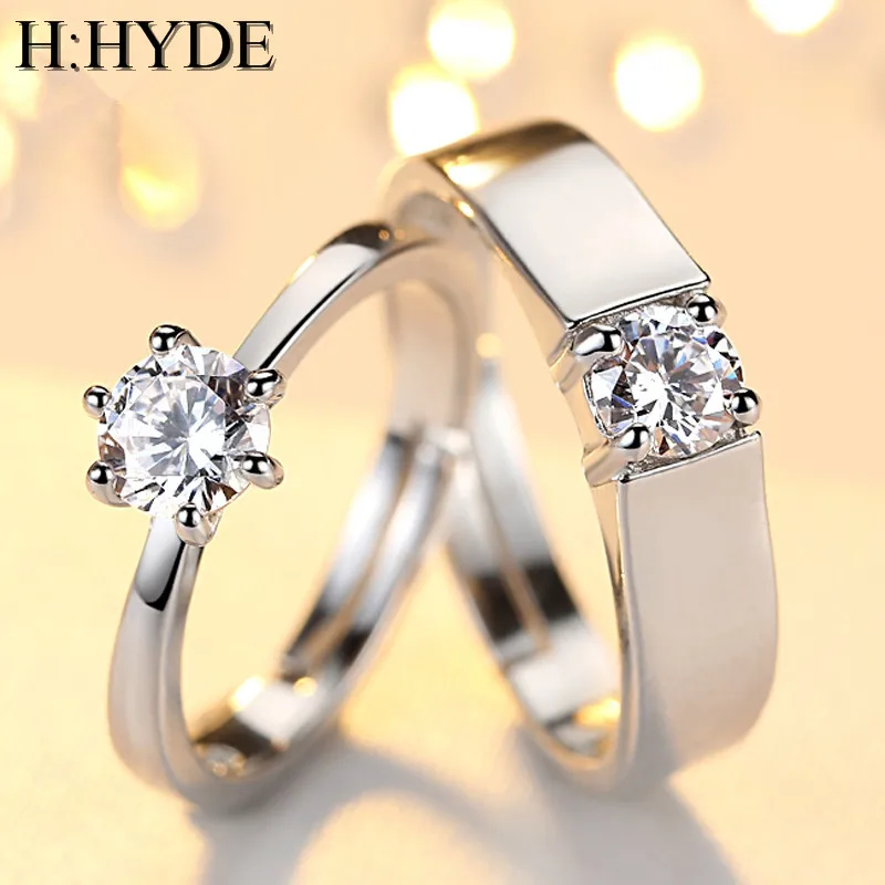H:HYDE Fashion Crystal CZ Stone Wedding Engagement Rings for Couples Stainless Steel Adjustable Ring for women men