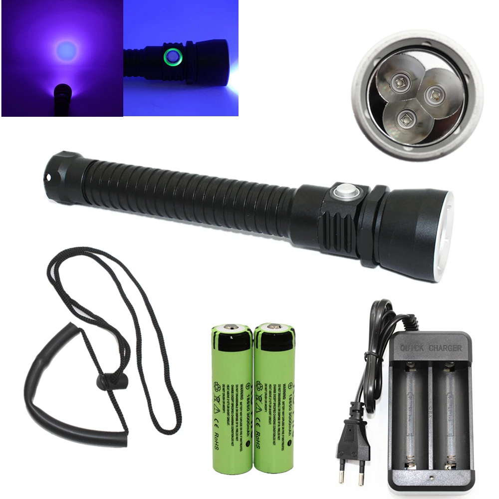 UV Flashlight 3x Ultraviolet Light Diving Light Underwater UV Torch + 18650 Battery + Charger for find scorpion Cash Detection