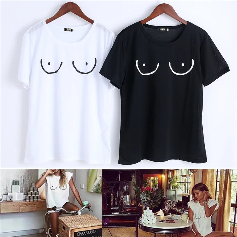 القطن النساء T قميص تيط المحملة الثدي تي شيرت مطبوع الرموز التعبيرية الشارع المعتوه المتناثرة