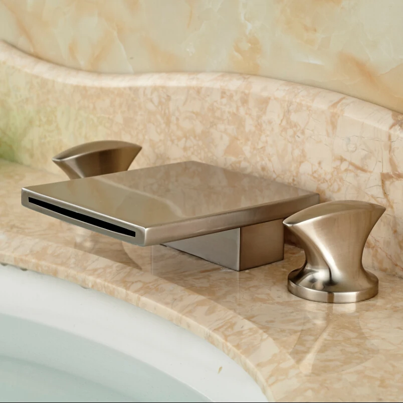 2016 New Waterfall Bathroom Basin Faucet Deck Mount Two Handle Hot and Cold Mixer Water Taps