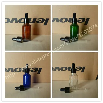 

30ml clear/blue/brown/green frosted Glass Essential Oil Bottle With aluminum shiny black ring(smooth)+white/black rubber cap