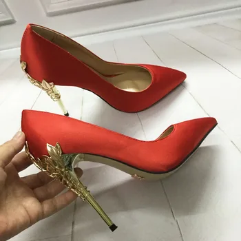 

Macytino Top Quality Gold Flower Heels Satin Wedding Shoes Red Real Pictures