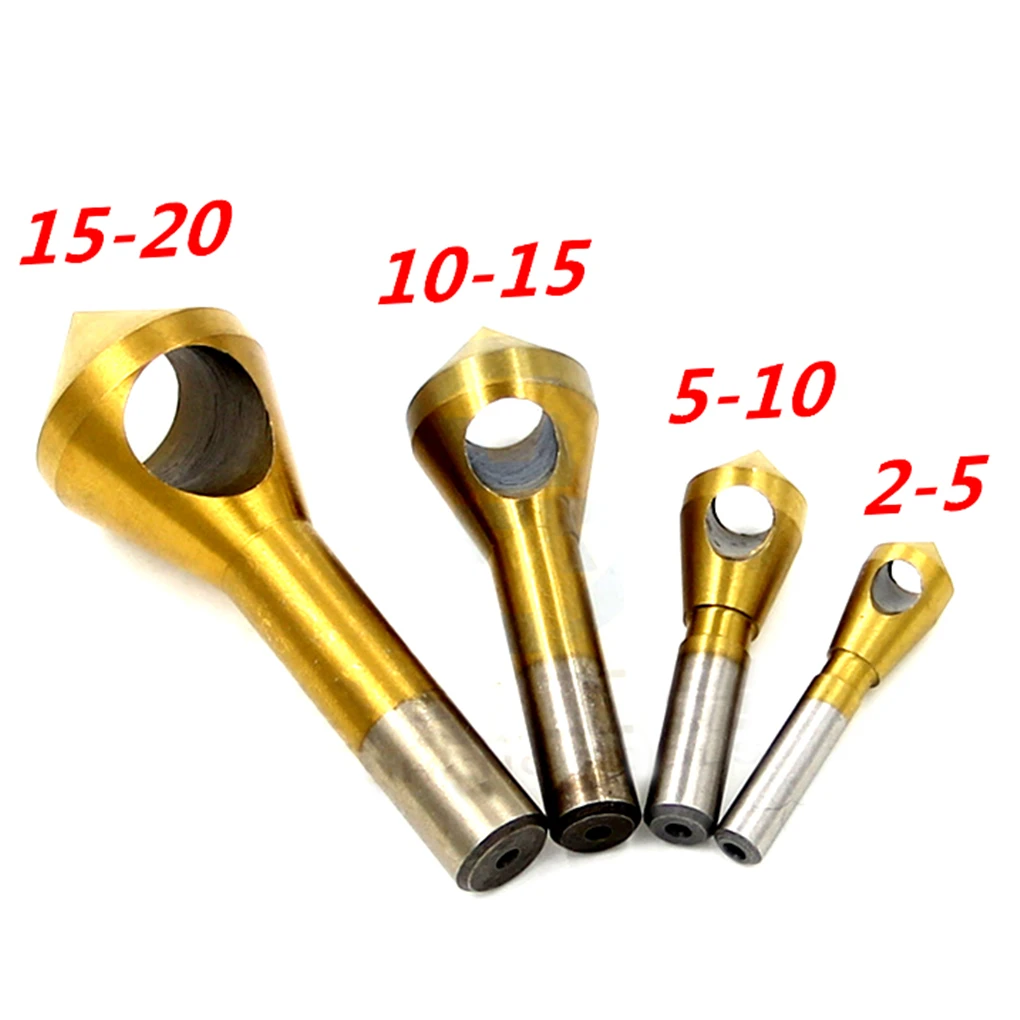 

4pcs/set 2-5/5-10/10-15/15-20mm Titanium Coated Countersink Deburring Center Stepped Metal Drill Bits Expanding Chamfering Tools