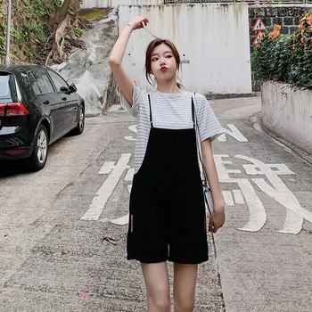 

Affordable Set Fashionn Stripe Short Sleeve + Classic Bib Shorts Casual Wild Youthful Trend Set Size S M L