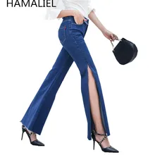 HAMALIEL Новинка Осень Женские джинсы с высокой талией Высокое качество Сплит синий кисточкой длинные расклешенные плюс размер джинсовые повседневные брюки