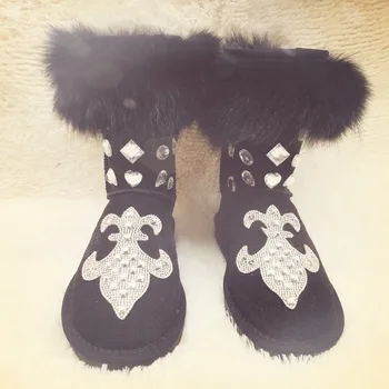 

2020 Bohemia Rhinestone Snow Boots Furry Woman Warm Casual Flats Women Fox Fur Winter Boots Diamonds Genuine Leather Shoes Woman