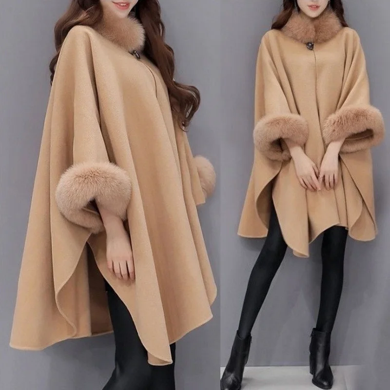 

2019 Autumn Winter Women Overcoat Droppshiping Winter Woolen Fur Collar Sleeves Cloak Loose Irregular Hem Coat Fashion dg88