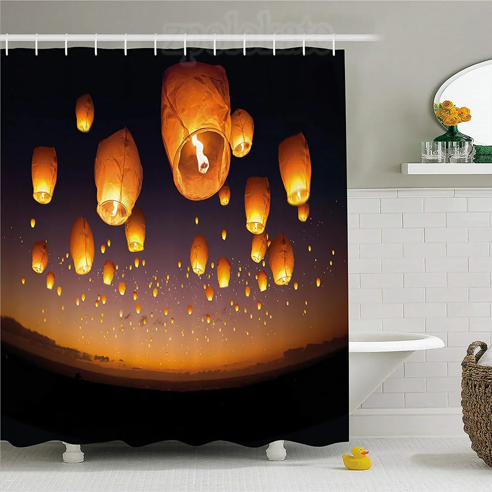 

Night Sky Shower Curtain Asian Ceremony Wish for Luck Balloons Chinese Flying Lanterns Scenery Image Fabric Bathroom Decor Set