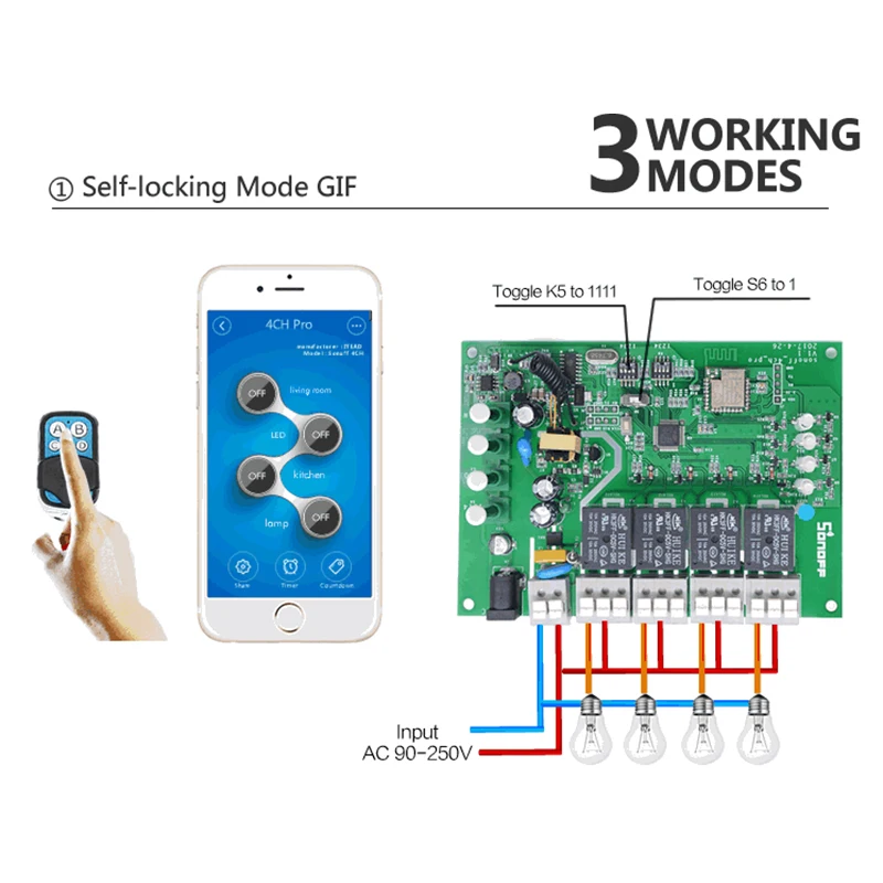 Sonoff 4CH Pro R2, умный Wifi переключатель 433 МГц RF Wifi светильник 4 банды 3 режима работы инчинг интерлок умный дом с Alexa