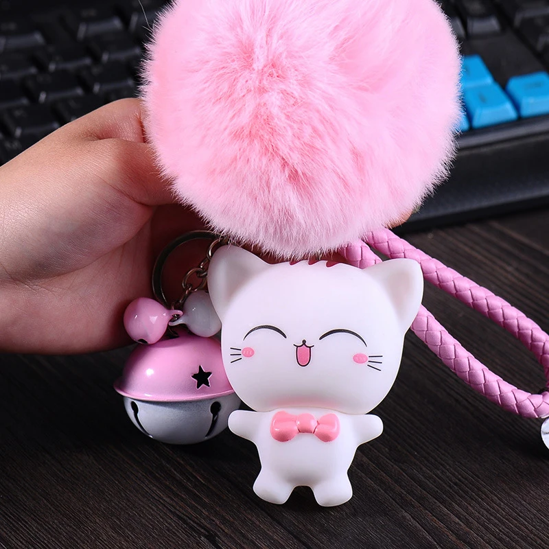 

8cm Fluffy Rabbit Fur Pompom Key Chain Cat Vinyl Keychain Leather Rope Metal Bells Key Holder Key Chain Charm Porte Clef Pendant