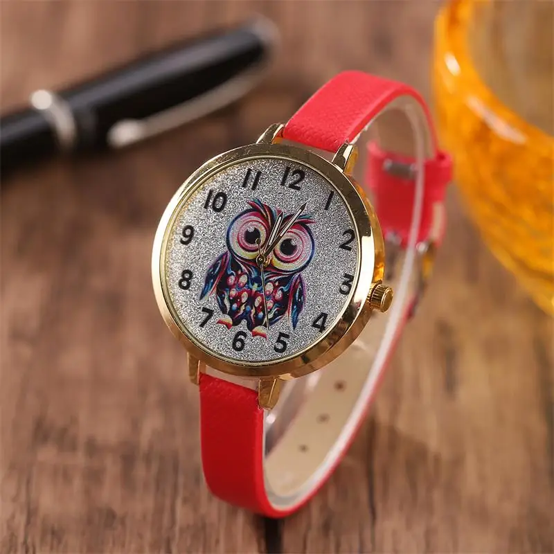 MINHIN женские милые часы с кожаным ремешком, дизайн совы, Студенческие Кварцевые наручные часы, женские повседневные часы, браслет, часы в подарок - Цвет: 3130 red