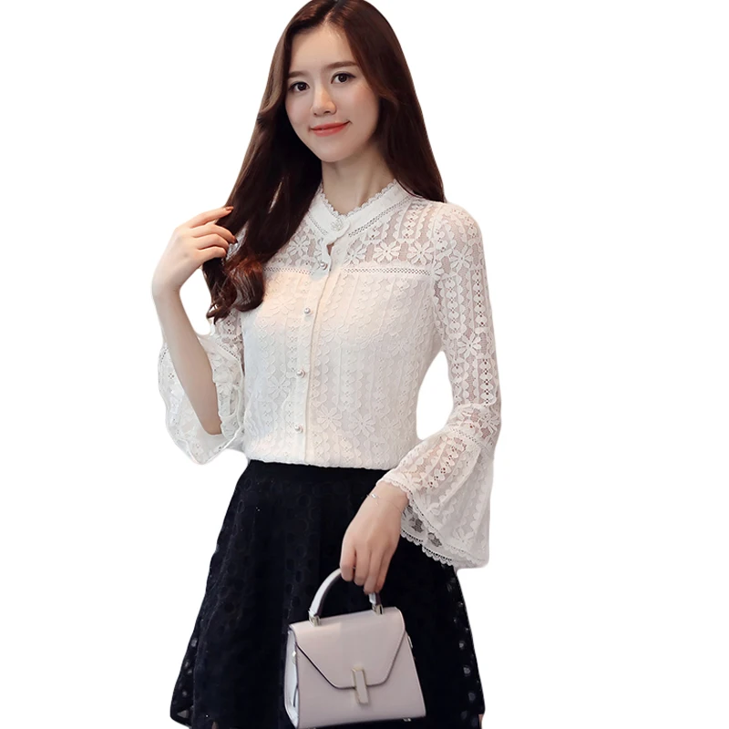 2018 Spring Autumn New Korean Lace Shirt Elegant Mesh Stitching Lace ...