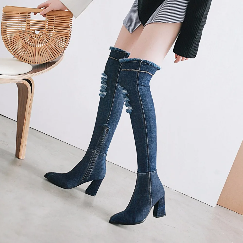 Chaussures Blue De Sur SRomance Carré Mode light Le 34 Talons Bleu dark Bureau Noir Pompes 43 Femme Bottes Blue Femmes Haute Plus La Noir Genou Sb071 Taille WBdCerxo