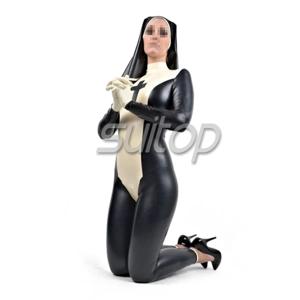 Suitop female's nature latex handmade fetish Nun uniform bodysuit rubber zentai