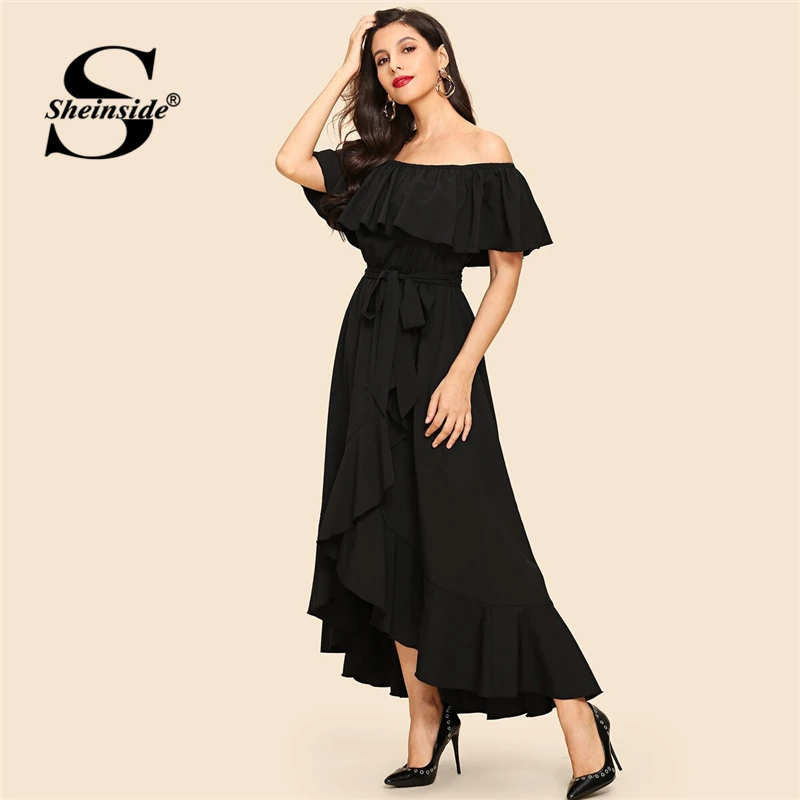 

Sheinside Black Off The Shoulder A Line Dress Women 2019 Spring Ruffle Hem Maxi Dresses Ladies Solid Short Sleeve Belted Dress