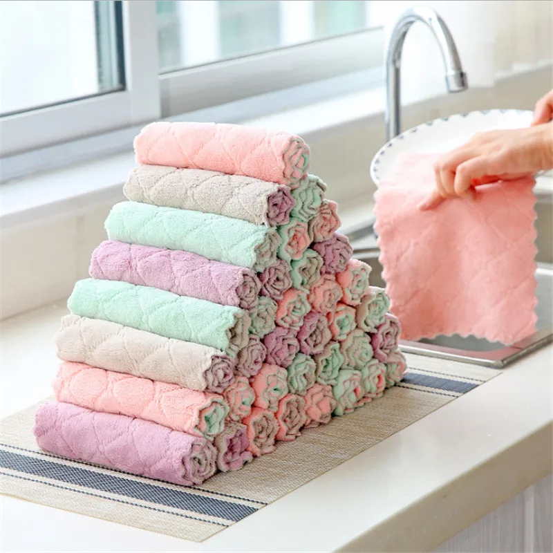 

FEIGO 2Pcs Not oily Dishcloth Coral Fleece Kitchen Cleaning Cloth Double Sided Absorbent Scouring Tableware Cleaning Cloth F768