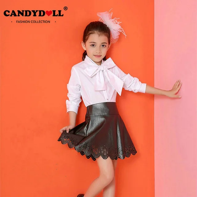 

Kid Girls Skirts Kids Clothing Baby Girls PU Leather Skirts Casual Short Pleated Hollow Skirts 4-12Y
