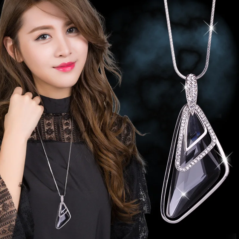 long necklace with big oblique triangle crystal pendant