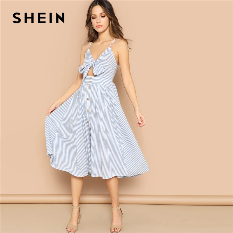 

SHEIN Boho Blue Mixed Striped Knot Plunging Cami Long Summer Dress Women 2019 Cut out Front Buttoned Fit and Flare Dresses