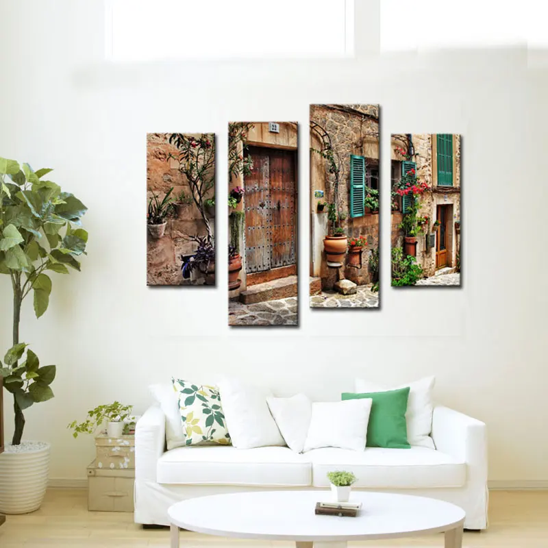 4 Panels Wall Art Spanish Old Town Street Canvas Painting Landscape