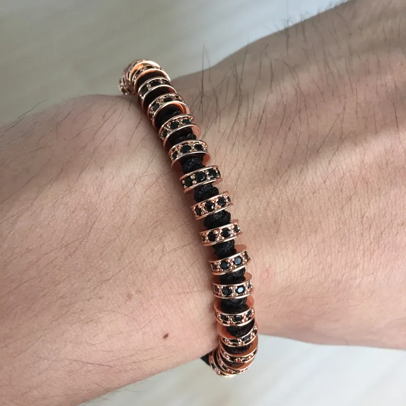 

New Anil Arjandas Macrame Bracelets,18Pcs Rose Gold Micro Pave Black CZ Stoppers Beads Braiding Macrame Bracelet For Men Jewelry