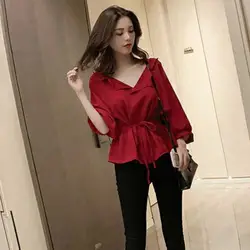 Офисная женская красная рубашка с v-образным вырезом, Новая женская шифоновая блузка с v-образным вырезом и роговыми рукавами, блузы с