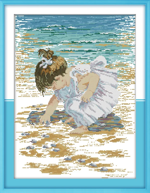 

A girl Pick up shells Printed Canvas DMC Counted Chinese Cross Stitch Kits printed Cross-stitch set Embroidery Needlework