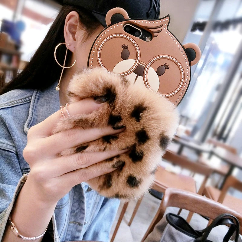 

Ayeena Luxury Fashion DIY Rabbit Fur Case For iPhone7 7P 8 8P 6 6sP Cute Bear Cartoon Warm Fluffy Hair Plush Soft Case Cover