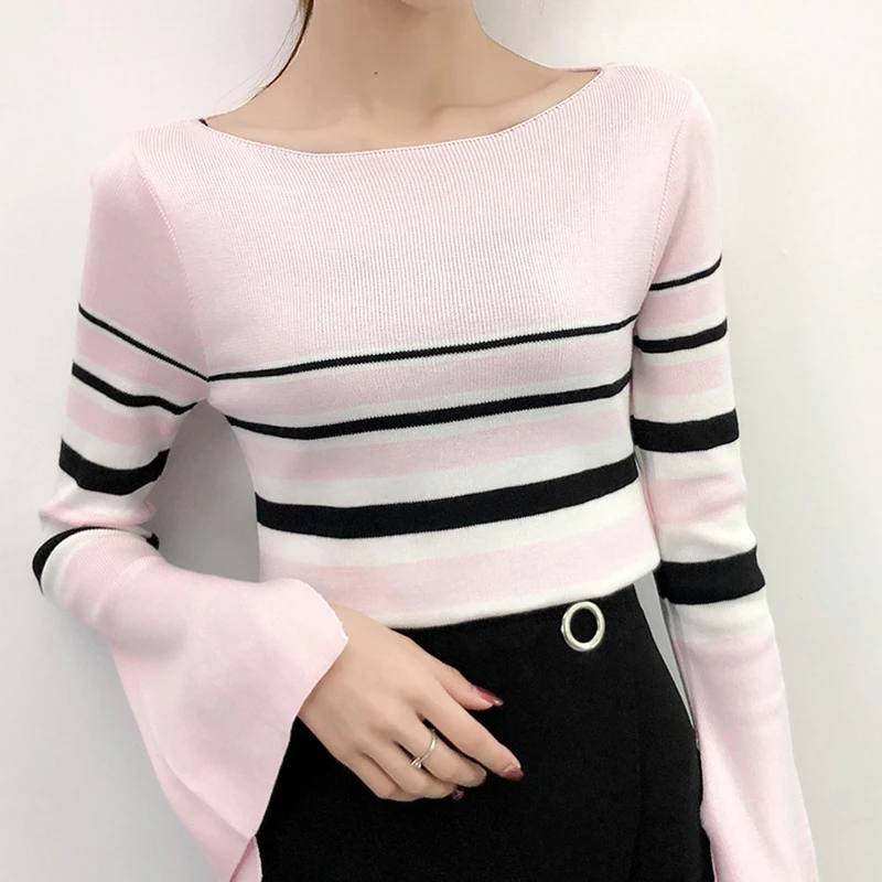 Shintimes Flare Sleeve Sweater Women Striped Womens Winter Fashion 2018 New Korean Woman Sweater Knitting Pullovers Sueter Mujer