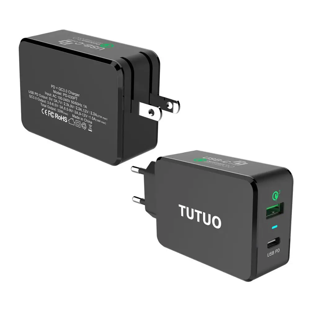 TUTUO USB C PD стены Зарядное устройство(Мощность доставки) Тип C+ Quick Charge 3,0 Быстрая зарядка Мощность адаптер для iPhone 8/X/8 Plus Galaxy S8 S9 плюс - Цвет: Black