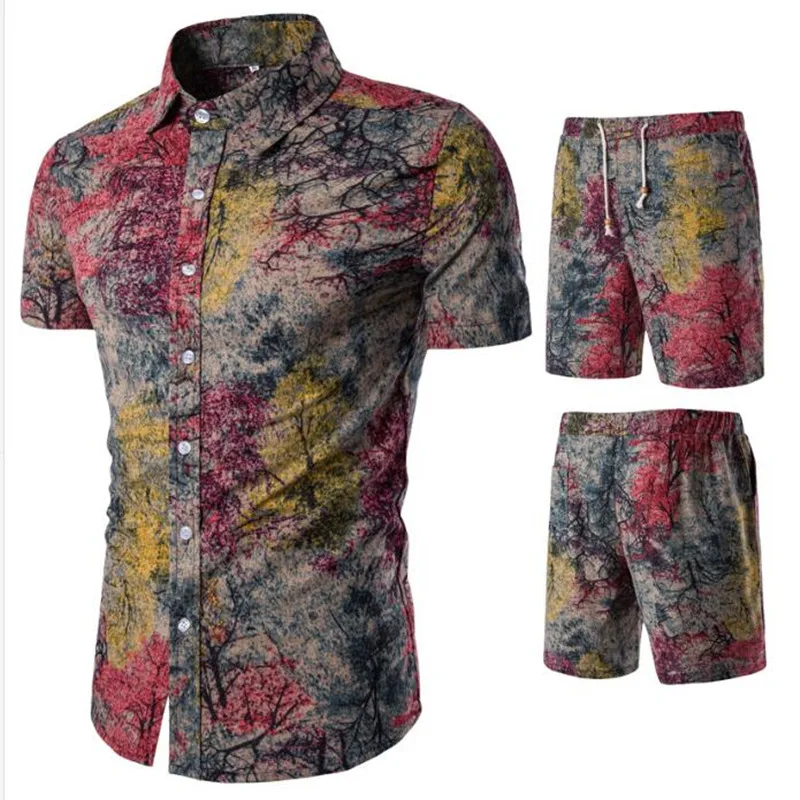 Летняя Модная рубашка в народном стиле с цветочным принтом, мужская повседневная рубашка из двух предметов, топ с шортами - Цвет: Красный