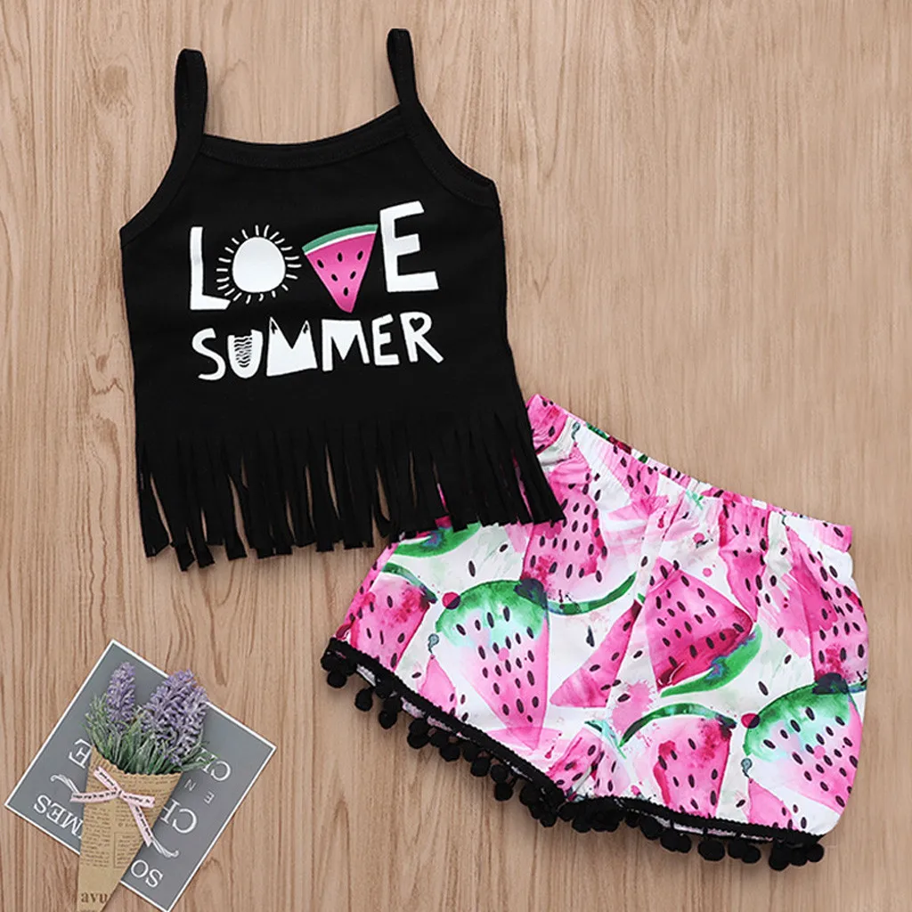 

Perimedes Kids Girls Summer Tassels Clothes Sets Kids Baby Girl Sleeveless Print Letter Tassels T Shirt Shorts 2PC Sets Outfits