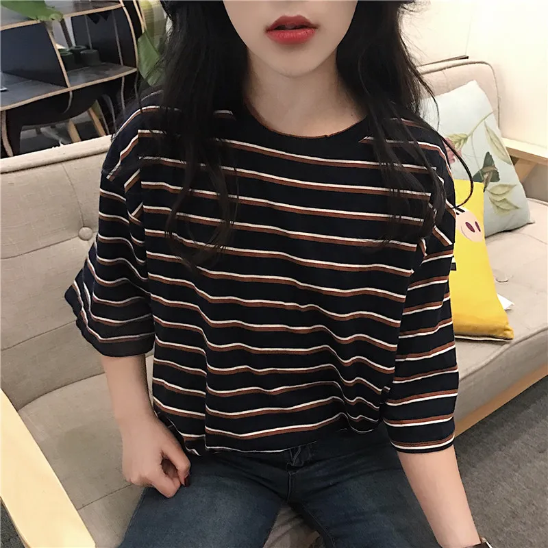 YouGeMan летняя модная футболка Женская Корейская Ulzzang Harajuku свободная полосатая футболка с коротким рукавом женская Повседневная футболка Топ