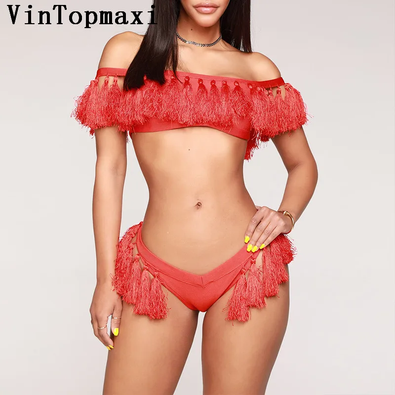 Tassel Bikini Set 2019 Women Off Shoulder Swimsuit Bandeau Push Up Swimwear Female Brazilian Bikinis Red Bathing Suit Monokinis |