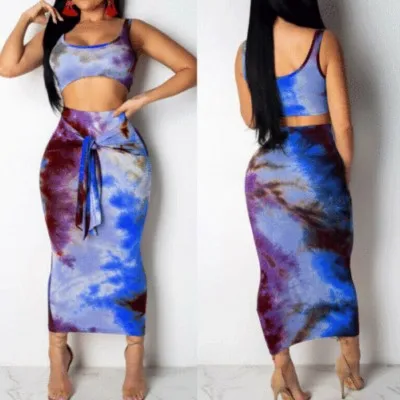 

Womens Sexy Sleeveless Tie Dye Print Tank Crop Top Bodycon Tie Skirt Set 2 Piece Midi Dress Outfits Sexy Plus Size 2 Piece Dress