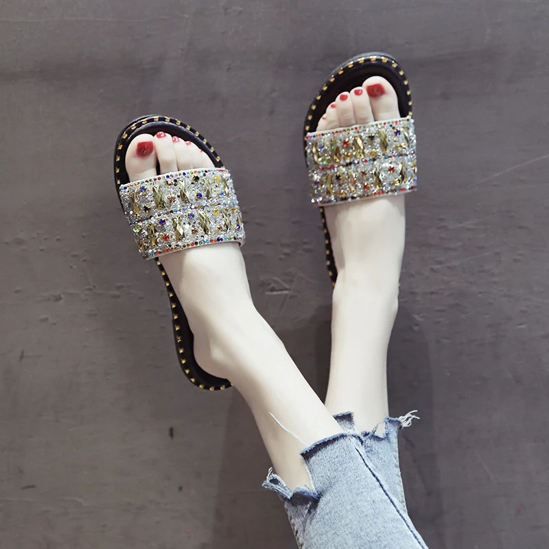 

Bling bling slippers crystal women shoes summer rivet flats anti-skid slides femme casual sequins flip flops zapatos mujer 2019