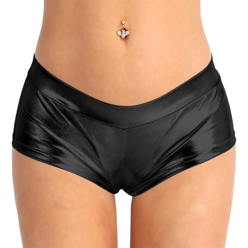 iiniim Adult Women Fashion Sexy Night Club Shorts Shiny Faux Leather Low Waist Hot Shorts for Dancing Raves Festivals Costumes