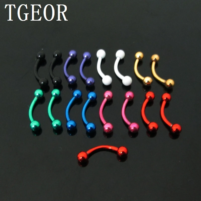 

free shipping plated Electrophoresis colors 100pcs 1.2*8*3mm surgical Stainless Steel ball curved barbell piercing eyebrow ring