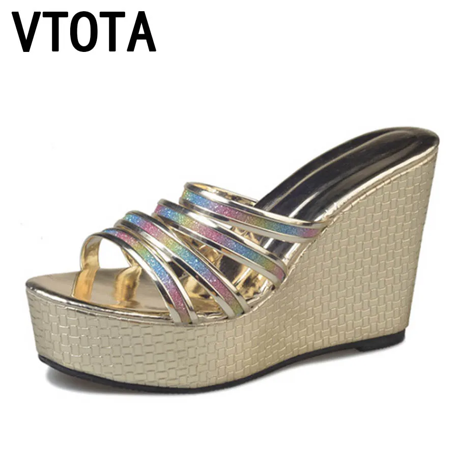 

VTOTA Women Summer Slippers Wedges Paltform Slides Women Black PU Heigh Increasing Female Slippers Open Toes Women Shoes H53