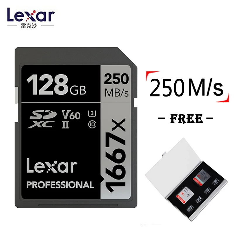 Lexar 1667x128 Гб 64 Гб V60 250 МБ/с. sd карты 256 ГБ SDXC UHS-II U3 флэш-карты памяти высокой скорости для 3D 4K HD видео - Емкость: 128g and card case