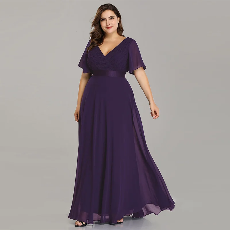 Dark Purple-Chiffon Вечерние платья размера плюс, элегантные шифоновые длинные вечерние платья с v-образным вырезом и коротким рукавом - Цвет: Dark Purple-Chiffon