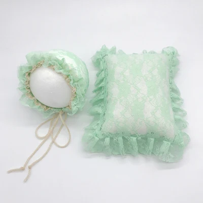 Lace Baby Hat& Pillow Set Baby Photography Props Newborn Posing Pillow Infant Photo Props Positioner Accessories Basket Filler - Цвет: green