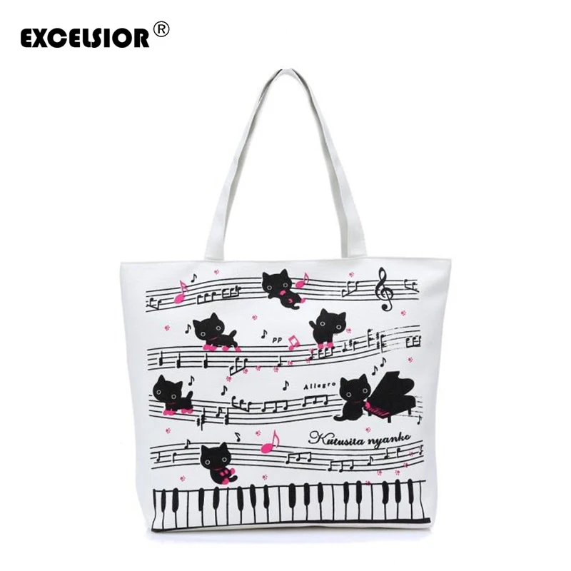 

EXCELSIOR Women Lady Cartoon Cats Printing Shopper Handbag Single Shoulder Canvas Female Beach Bag Tote Purse Sac A Main G0685