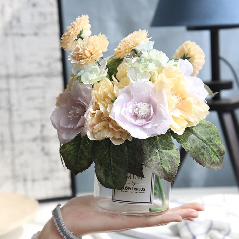 Artificial Flowers High Quality Silk Tea Rose Bunch Cheap Wreath Hand Stick Flower Road Wedding Home Decoration Supplies